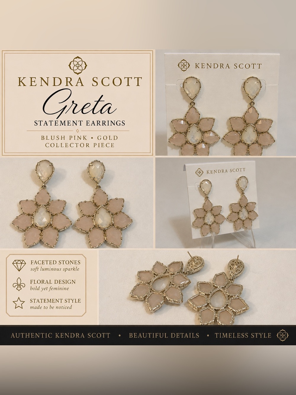 Kendra Scott Greta Blush Pink Gold Floral Statement Earrings